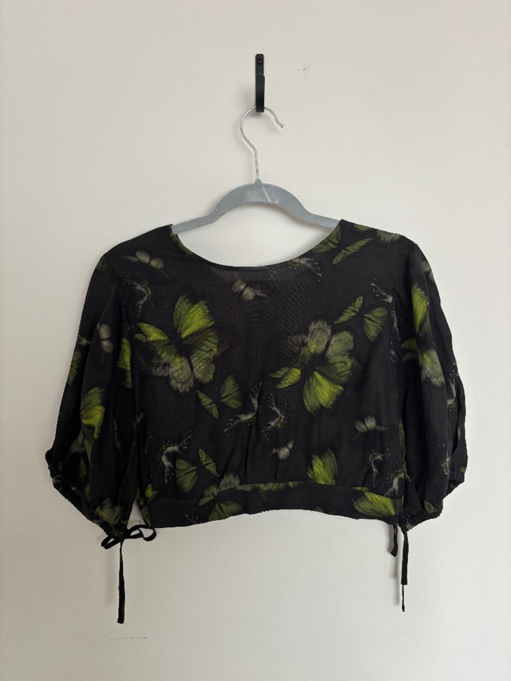 All Saints Puff Sleeve Butterfly Print Crop Top